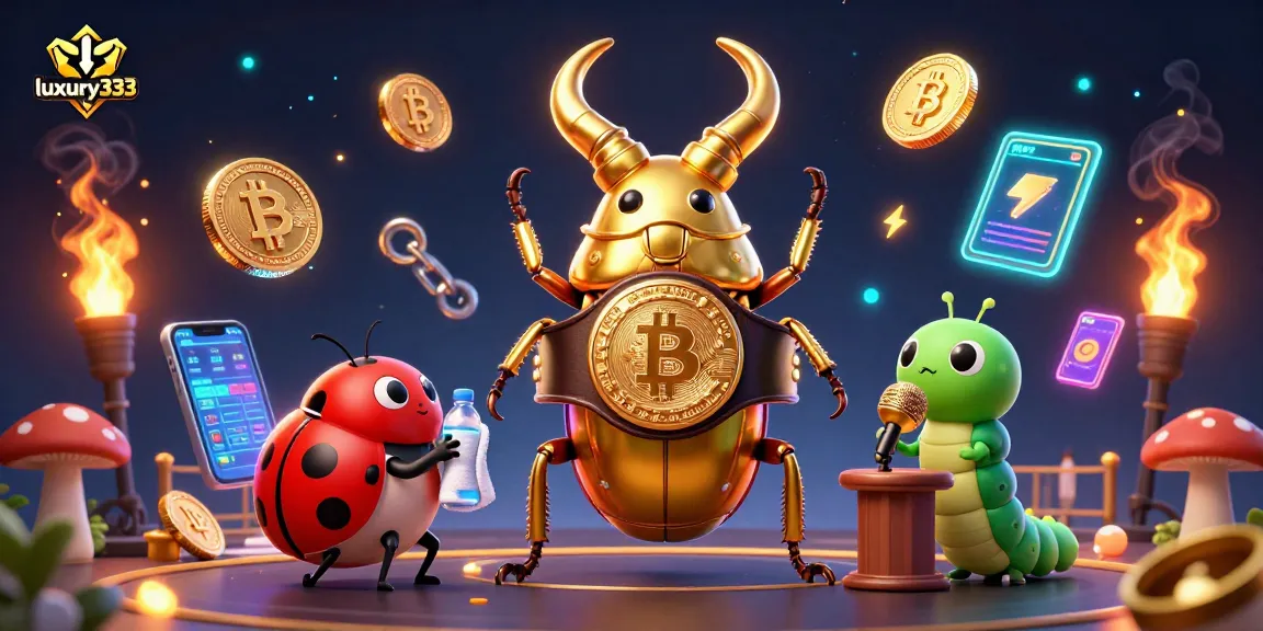 Luxury333 menunjukkan pertarungan seru antara kumbang jantan emas dan karakter kartun, dikelilingi oleh koin crypto.
