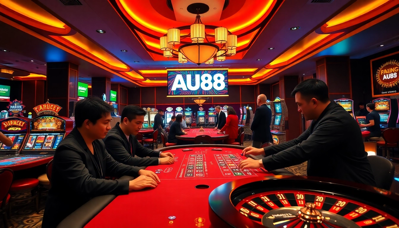 Gamblers enjoy a thrilling experience at an AU88 casino with vibrant slot machines and poker tables.
