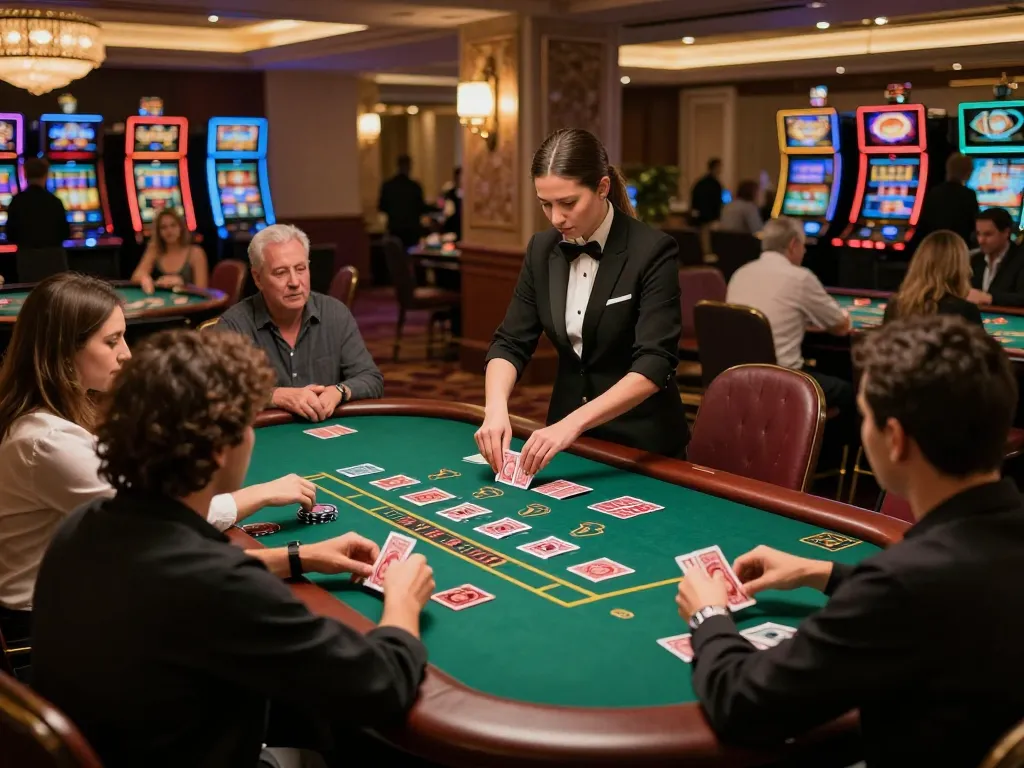 Players at a blackjack table enjoying an exciting game at bem88l casino, showcasing strategic gameplay and professional dealer action.