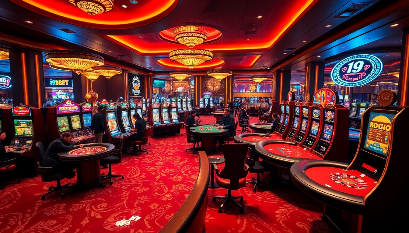 A lively casino atmosphere showcasing i9bet with excited players at various gaming tables and vibrant slot machines.