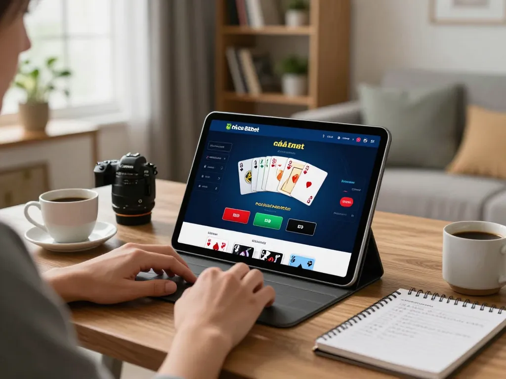 Engaging gameplay on nhà cái 8xbet platform with a player using a tablet for online poker in a cozy setting