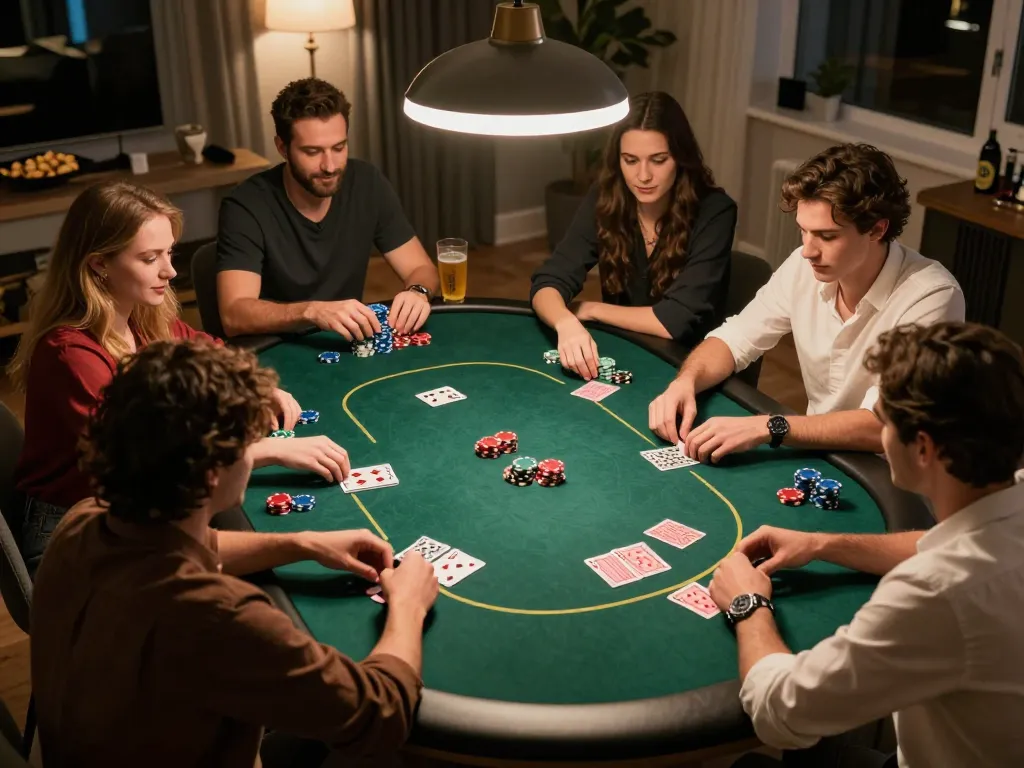 F8BET players engaged in a friendly home poker game with chips and cards on the table.