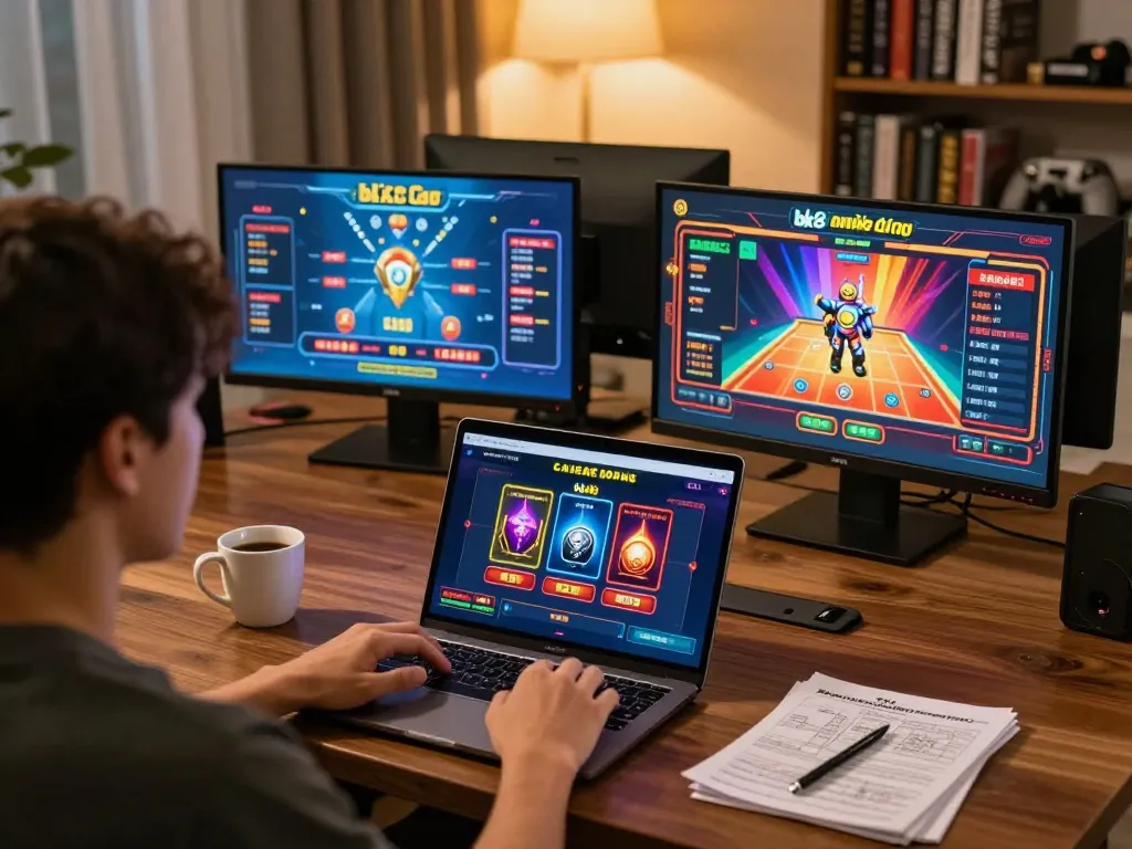 Player engaging with bk8 online casino on laptop in a cozy home gaming setup.