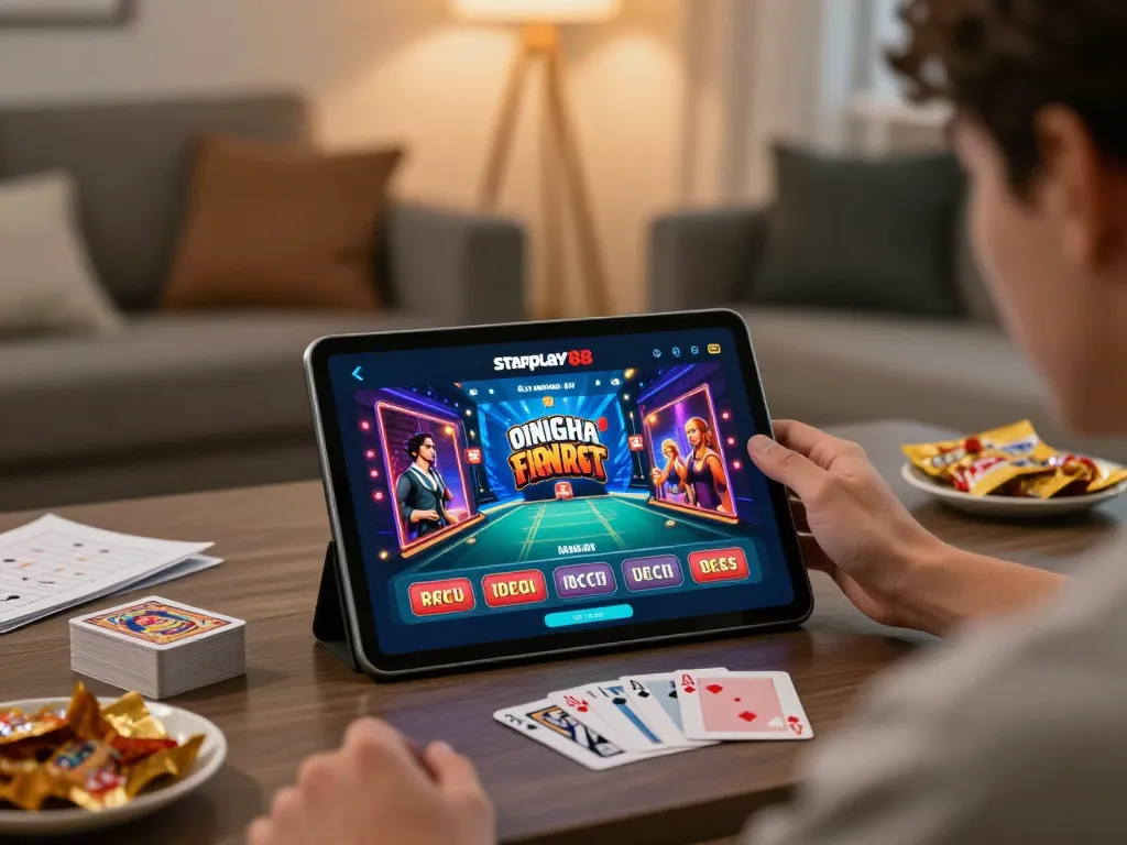 Pemain yang terlibat menjelajahi permainan starplay88 di tablet sambil menikmati camilan dan catatan strategi di rumah yang nyaman