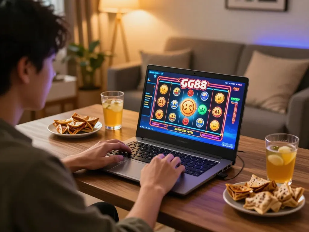 Engaging in an exciting gg88 slot game online, showcasing vibrant graphics and a cozy gaming setup.