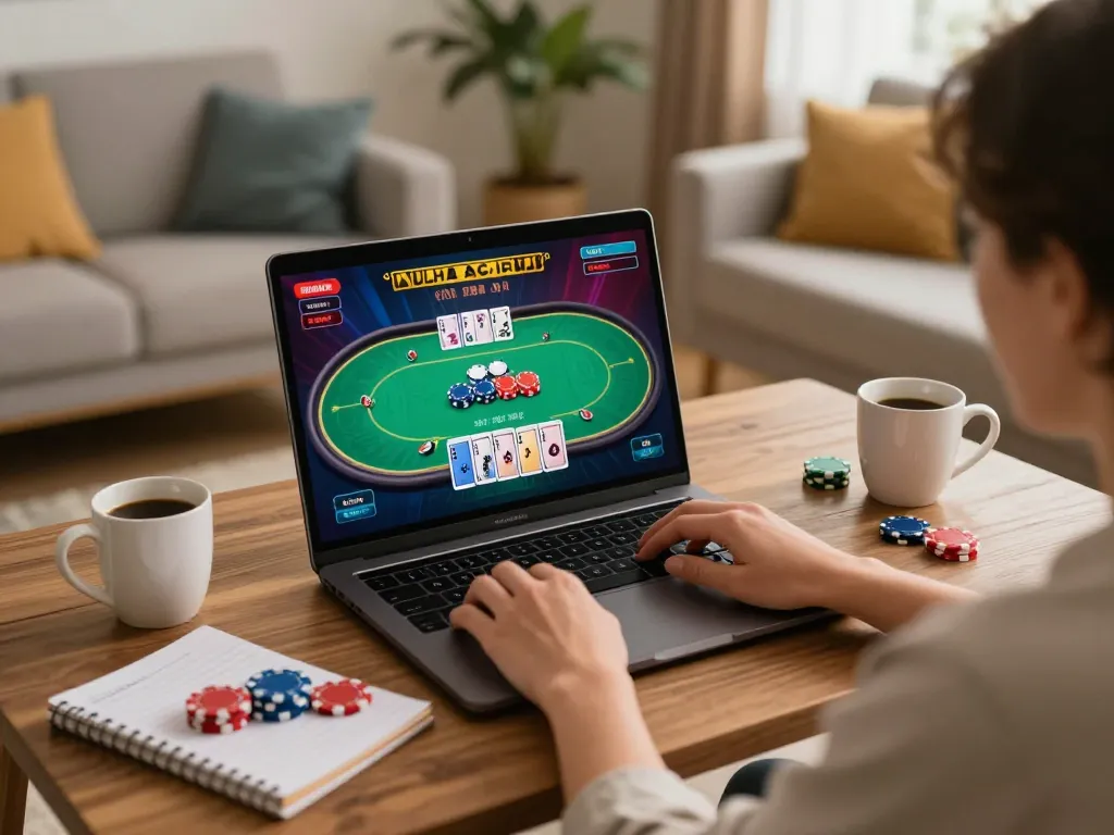 KJC player engaging in strategic online poker gaming at home with cozy setup.