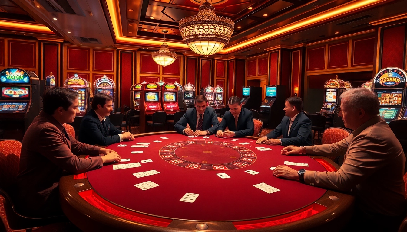 SODO CASINO poker players engaged at a luxurious table with vibrant slot machines and roulette wheels.