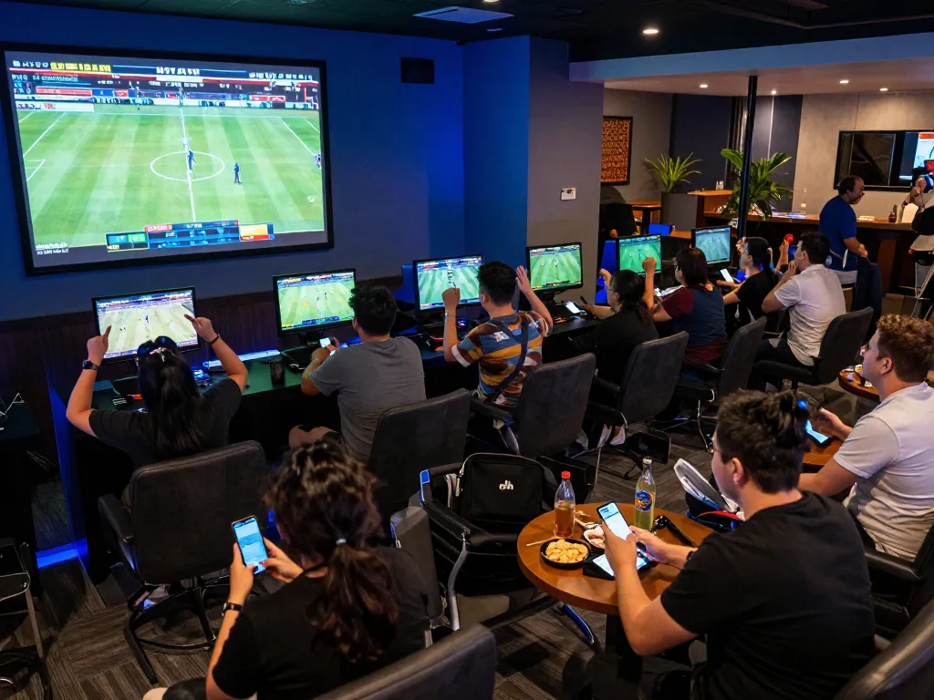 Fans placing bets on 789win while enjoying live sports in a vibrant lounge setting.