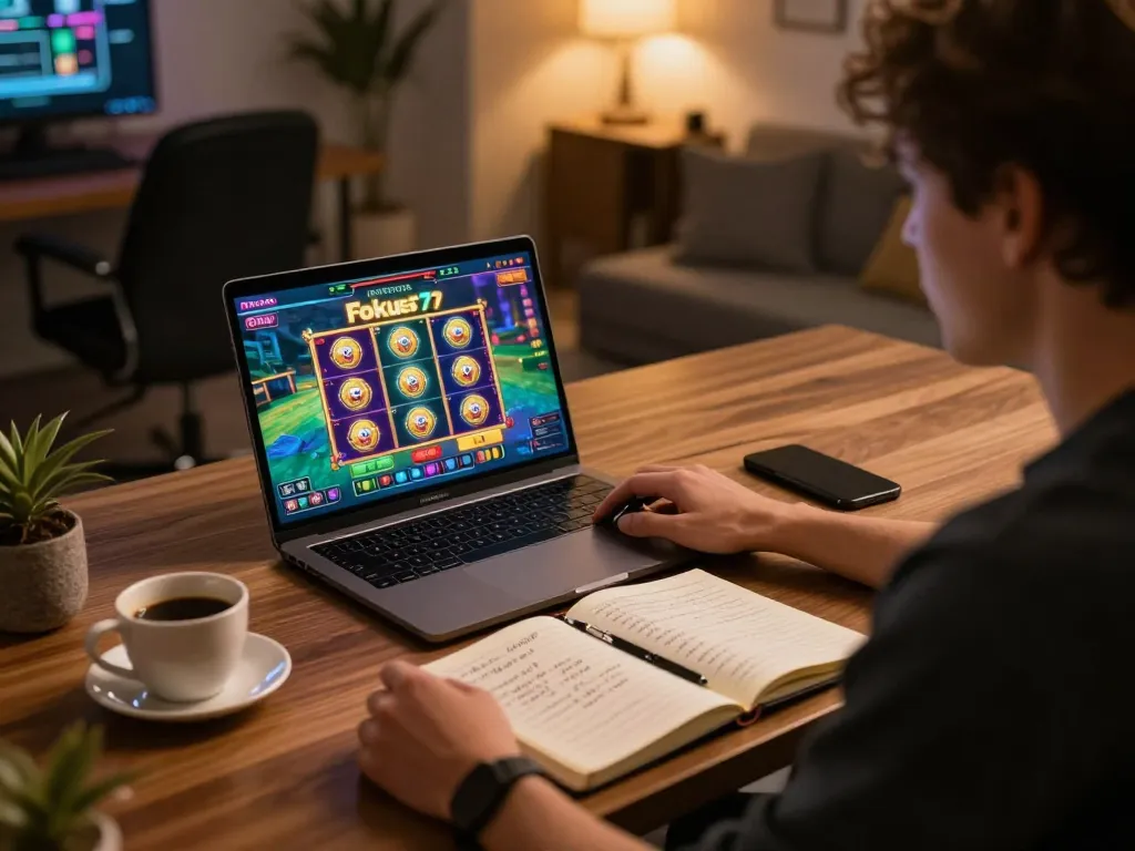 Engaging in Fokus77 online slots game while strategizing bankroll management and betting.