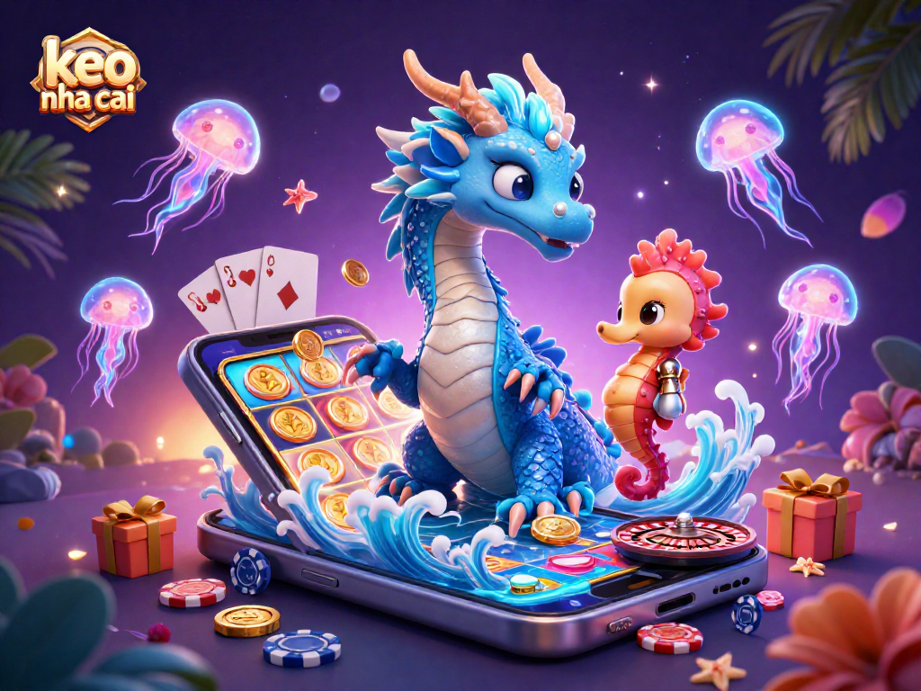 Keo nha cai showcases a vibrant 3D casino scene with a dragon and gaming elements.