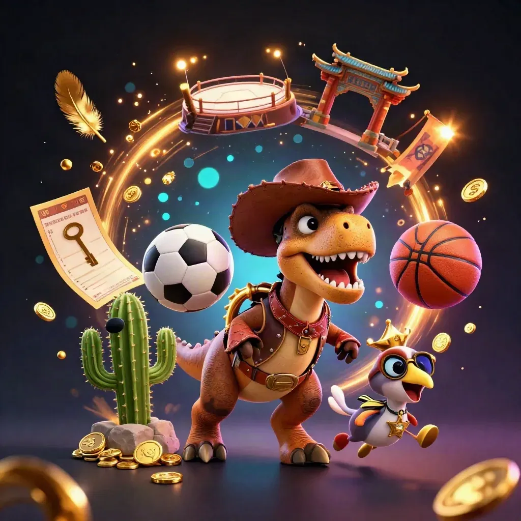 Low-angle cartoon cowboy T-Rex trio with flying balls, gold coins, and glowing casino effects