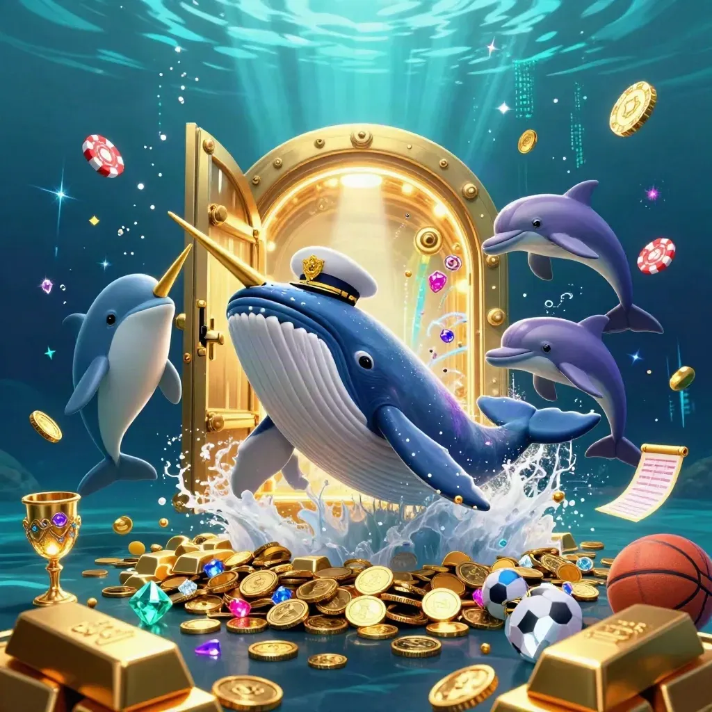 Whale captain, narwhal, and dolphins explode through coins, gems, and a vault in neon underwater glow.