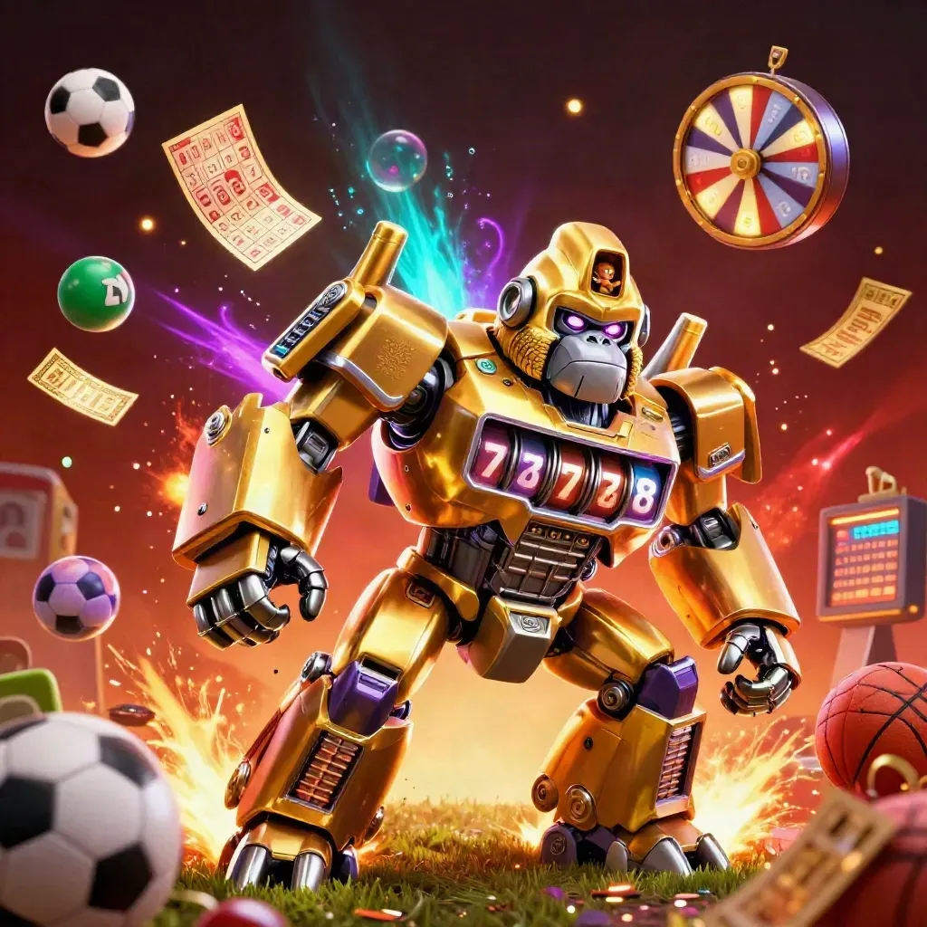 Golden gorilla mech with a tiny monkey pilot, slot reels, balls, and casino effects exploding in a sports scene