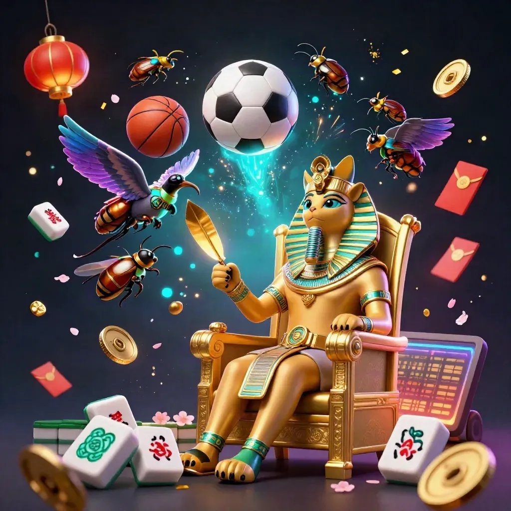 Pharaoh cat, ibis scribe, and gem-winged scarabs amid flying casino and sports tokens