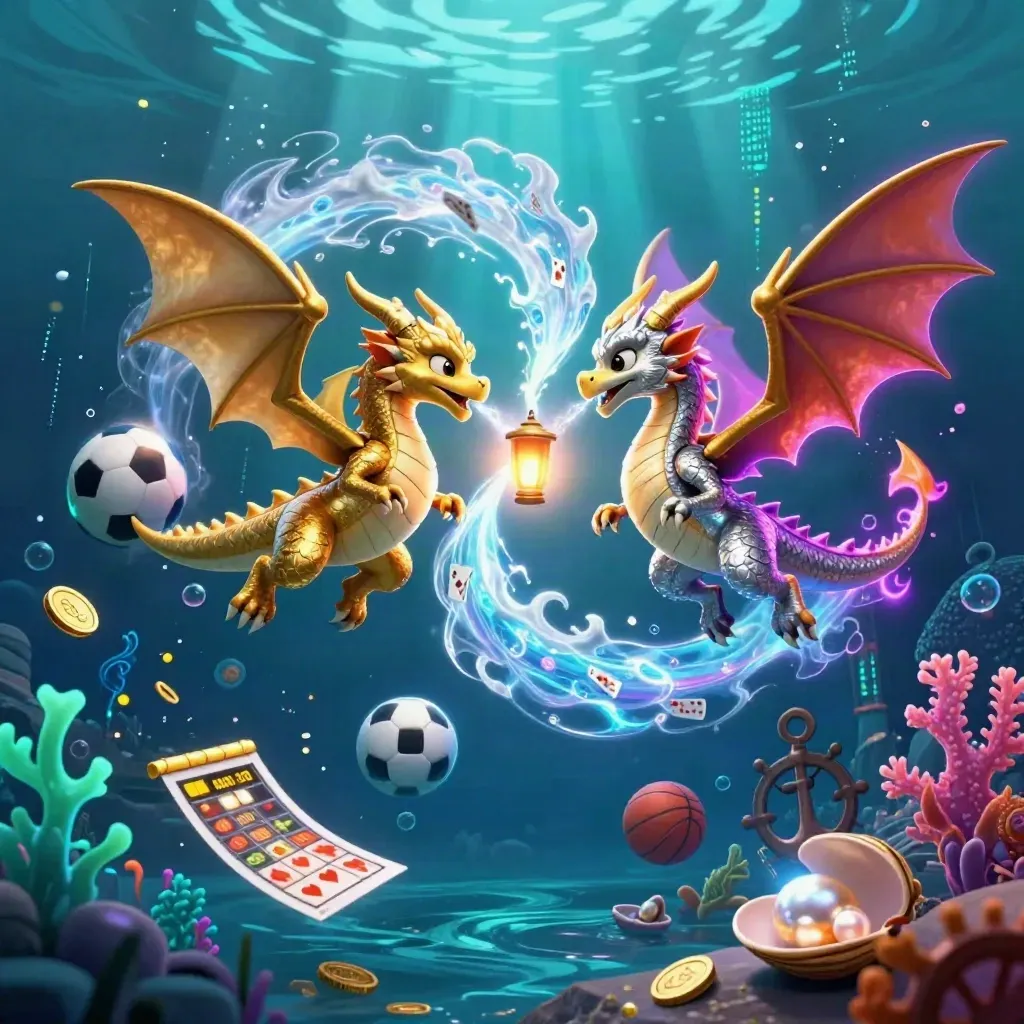 Gold and silver dragons swirl with treasure, balls, and glowing underwater effects.