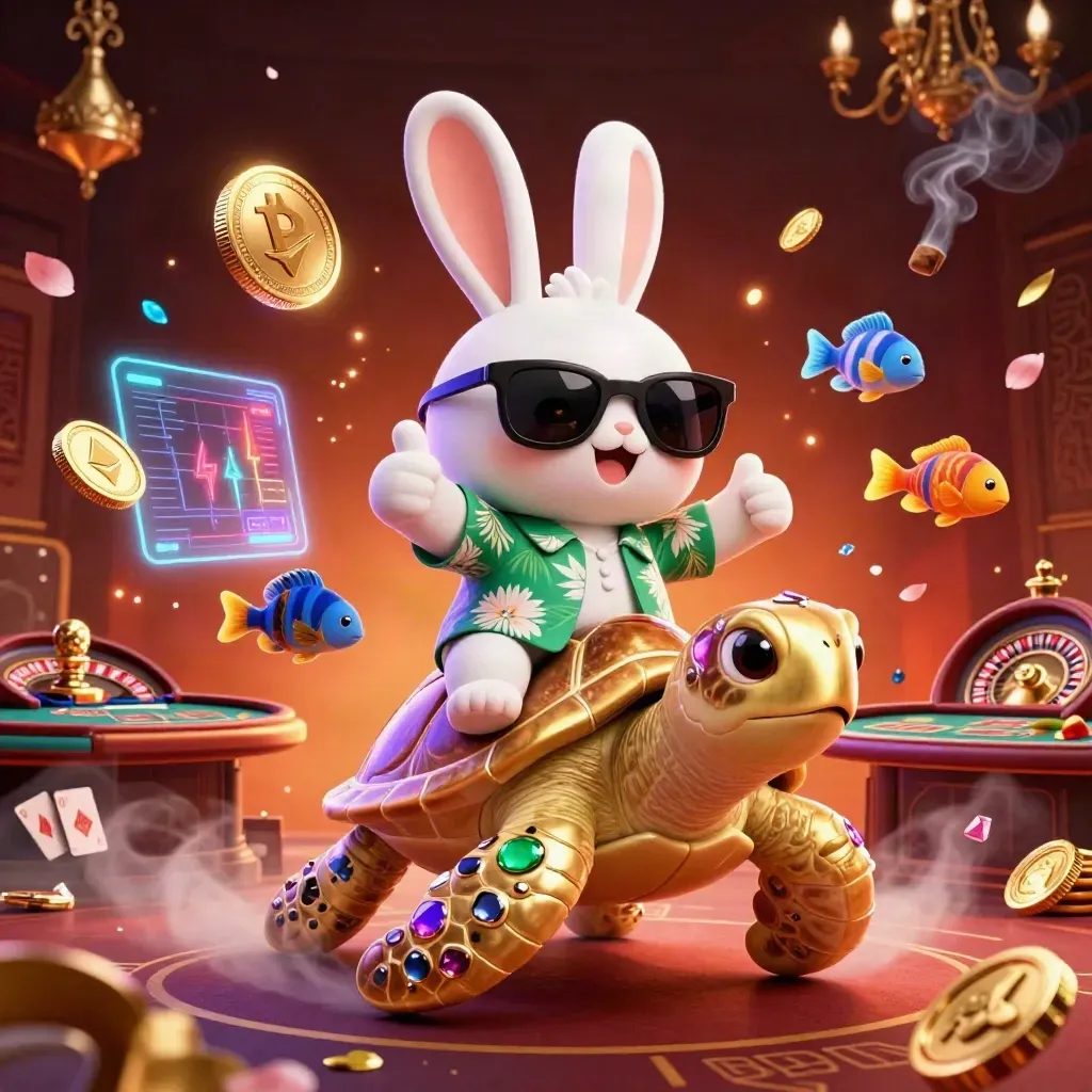 Lucky rabbit on a golden sea turtle amid casino glow, coins, neon crypto, and warm crimson smoke