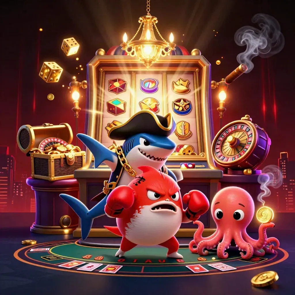 Cartoon pirate shark, boxing pufferfish, and coin-juggling octopus amid glowing casino gold.