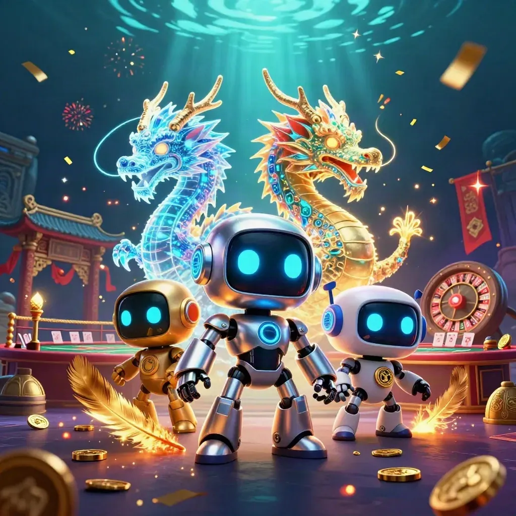 Cyberpunk robot, holographic dragon, and coin drone in a lavish casino fantasy scene.