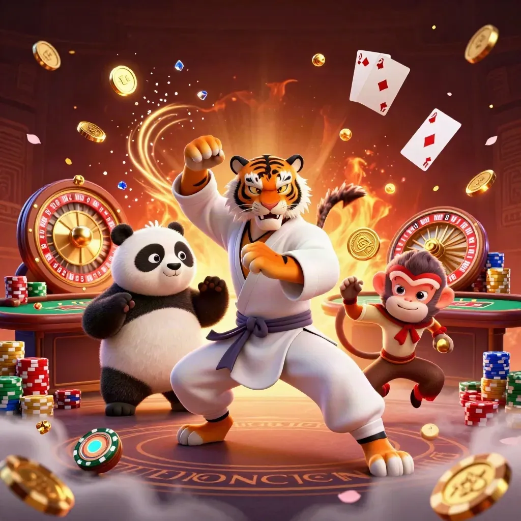 Tiger, panda, and monkey casino heroes amid spinning gold, chips, and glowing casino lights