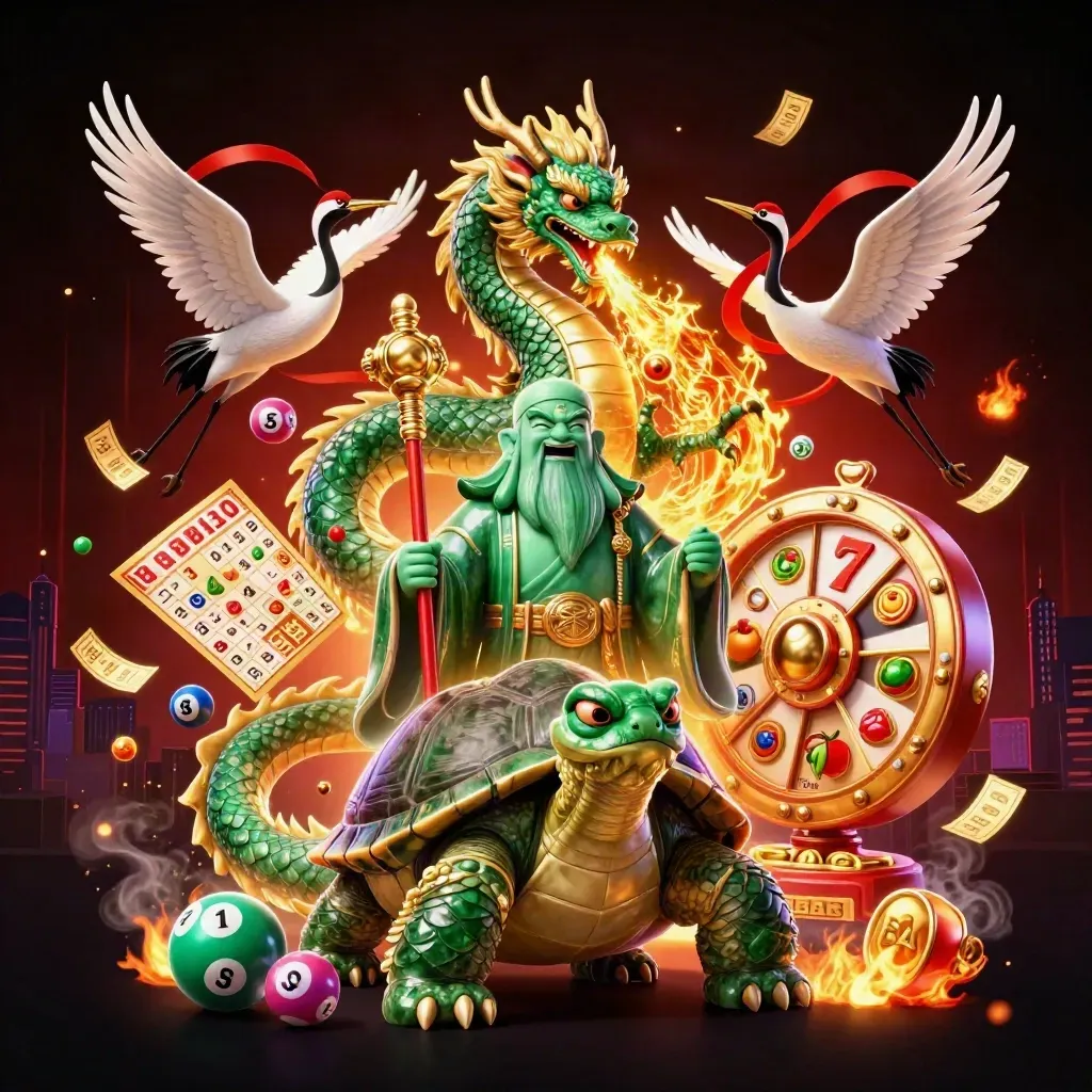 Emerald dragon, turtle sage and cranes amid gold fire, spinning wheel, lottery balls and casino sparks.