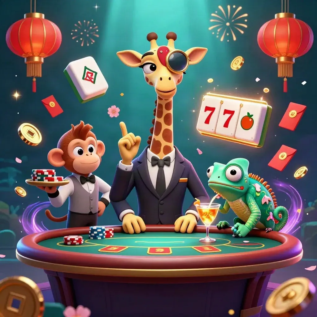 Giraffe, monkey, and chameleon at a VIP poker table amid casino treasures and underwater light.