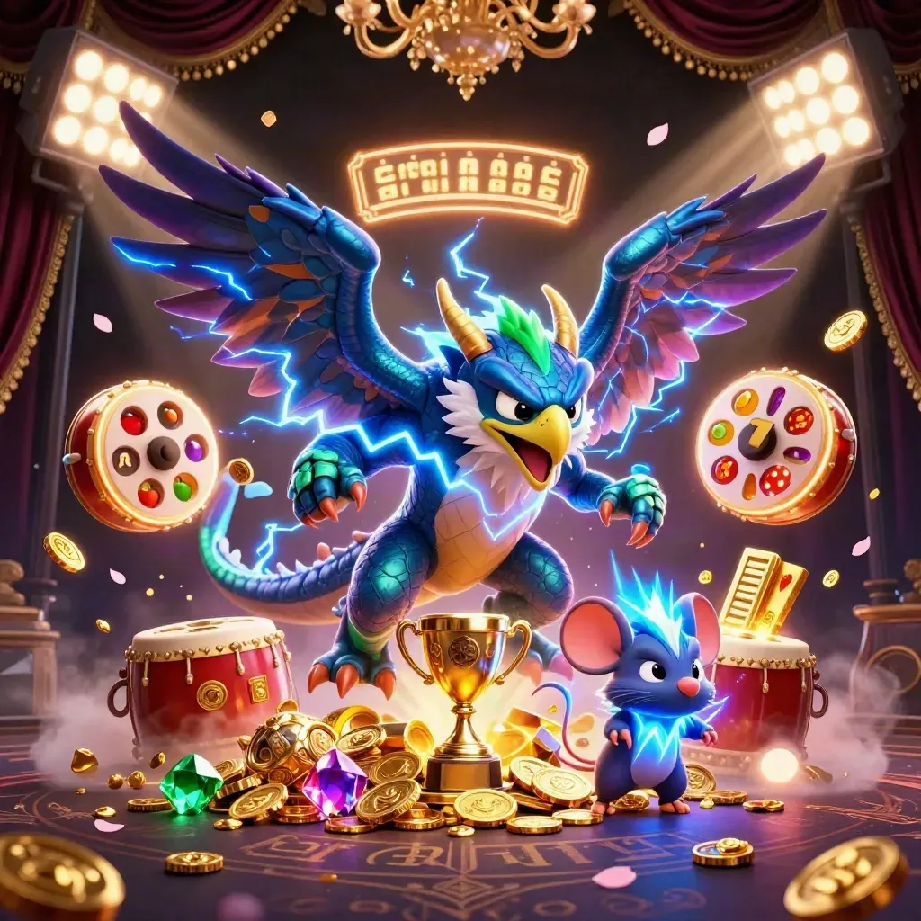 Thunder dragon, wind hawk, and static mouse amid gold, gems, and casino magic.