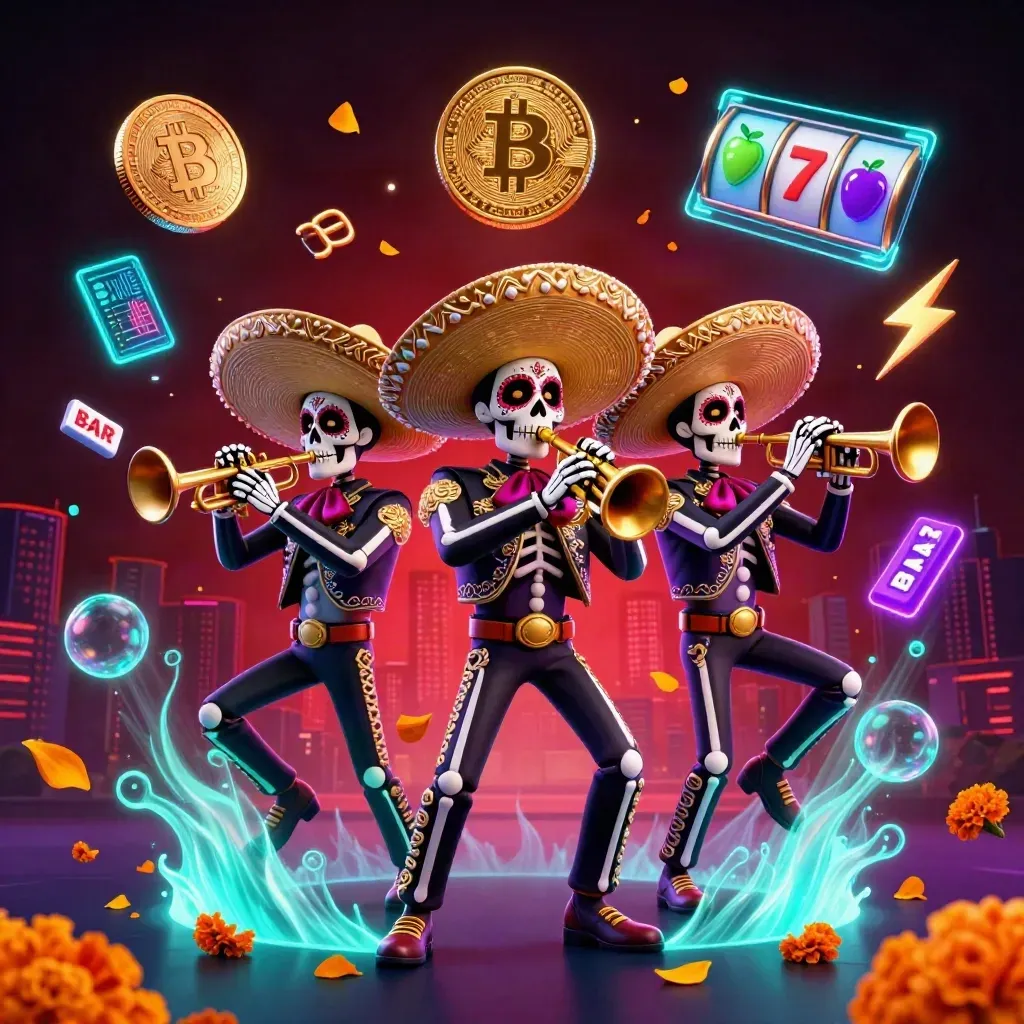 Skeleton mariachi trio amid casino coins, slot icons, and neon god-rays