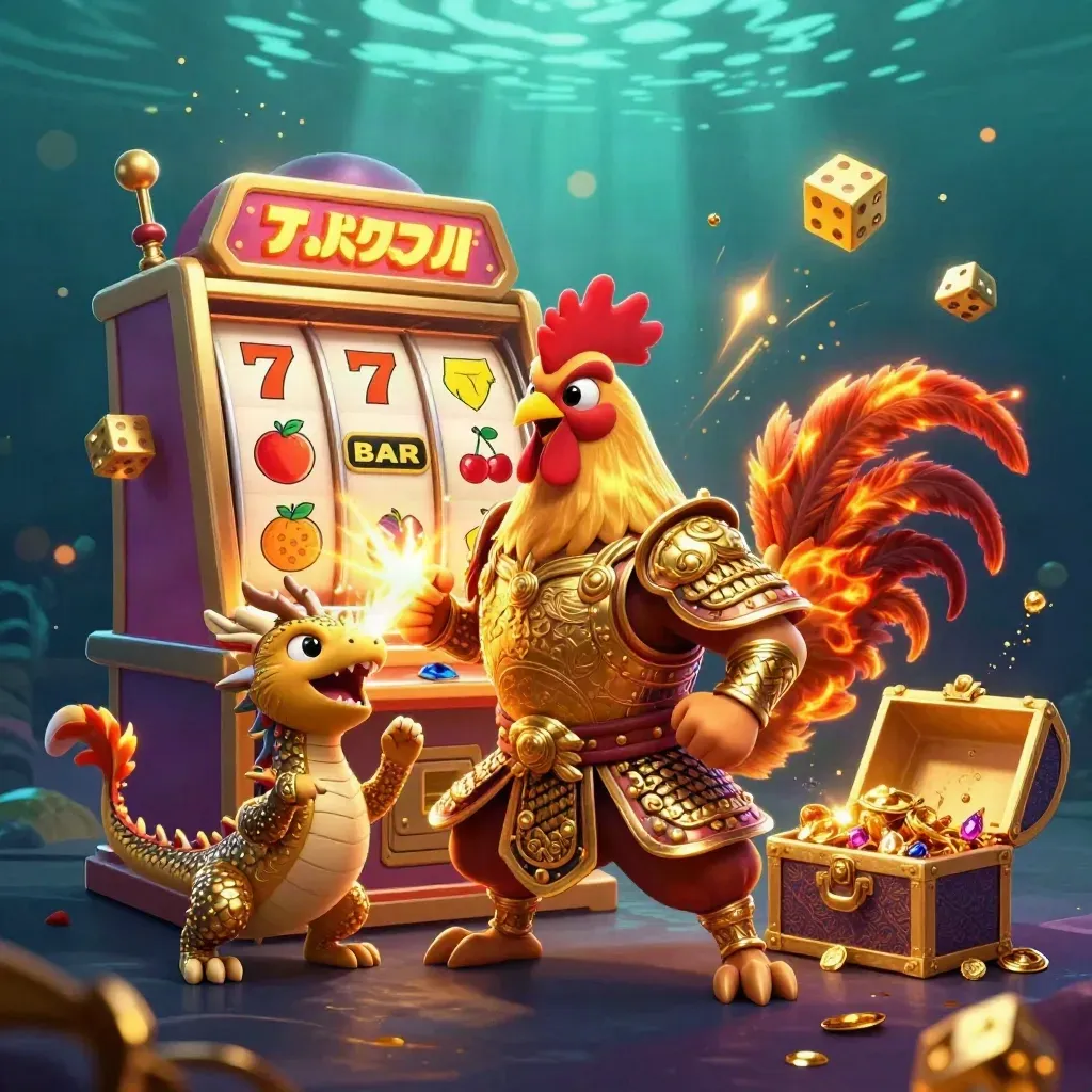 Rooster warrior, spark-breathing hatchling, and fortune-cat amid bursting slot loot in regal gold glow.