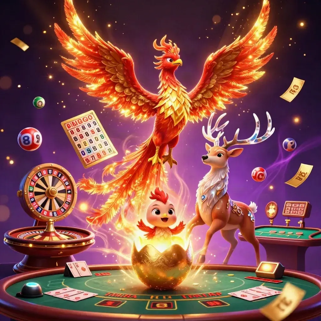 Phoenix, stag, and baby phoenix amid coins, wheels, and fireworks in regal casino style.