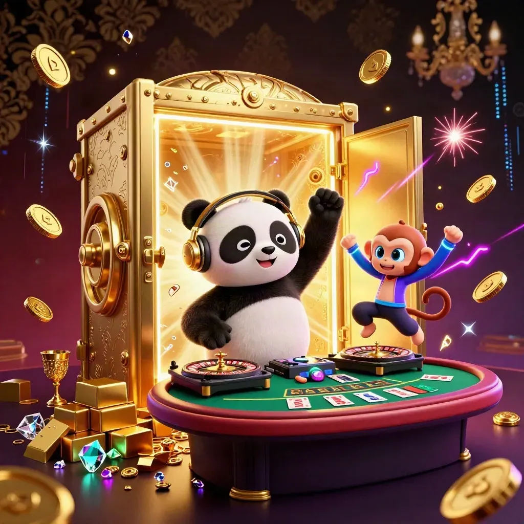 DJ panda, dancing monkey, and rave kitten burst from a vault amid gold, gems, and neon casino lights.