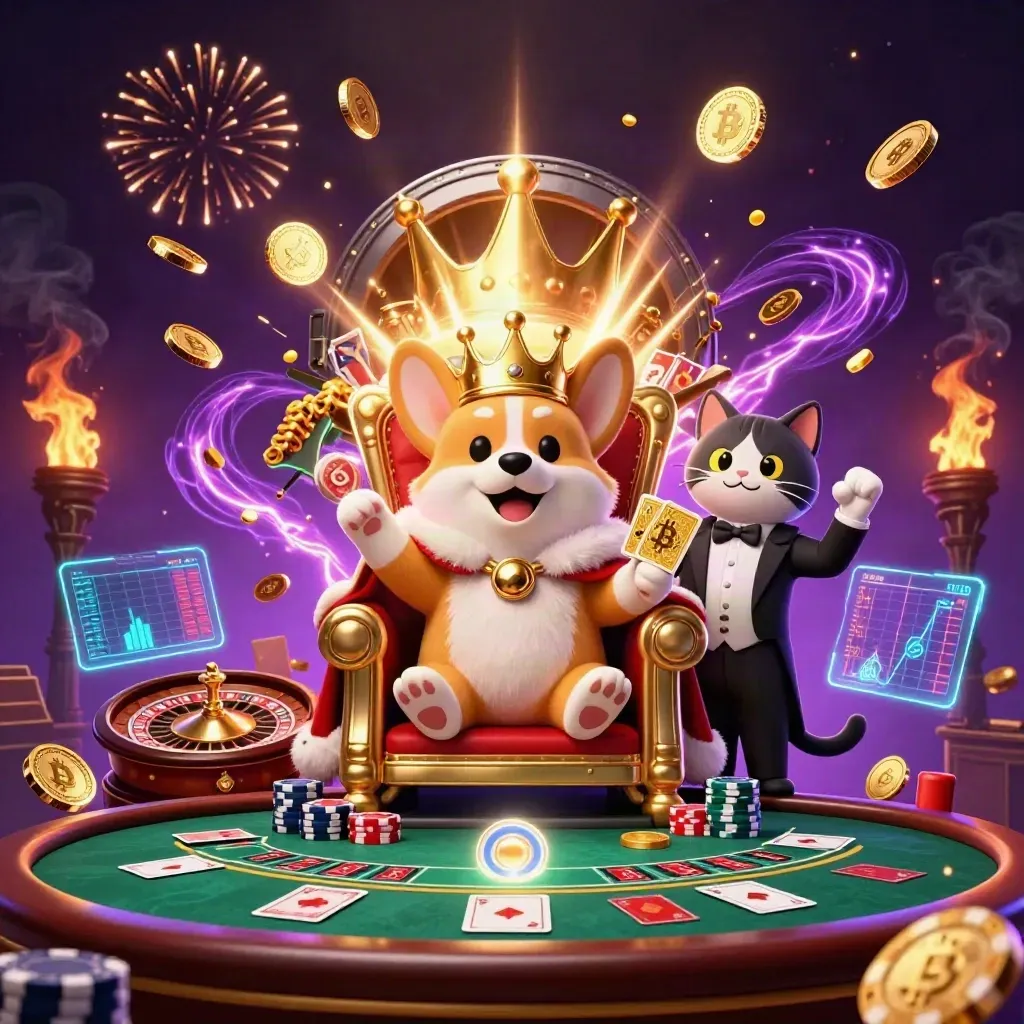 Royal corgi and cat butler amid coins, chips, crypto symbols, fireworks, and purple-gold magic