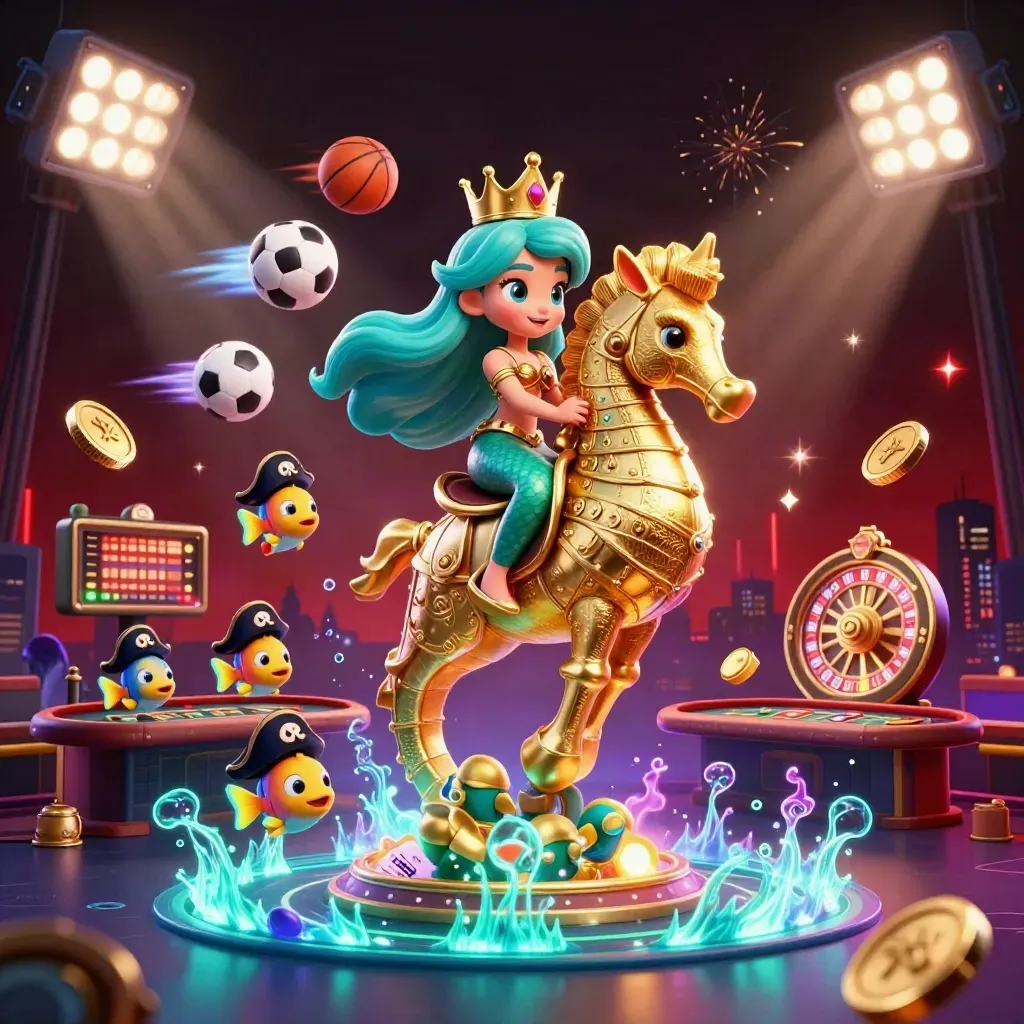 Mermaid princess on golden seahorse amid coins, cards, roulette, trophies, and fireworks.