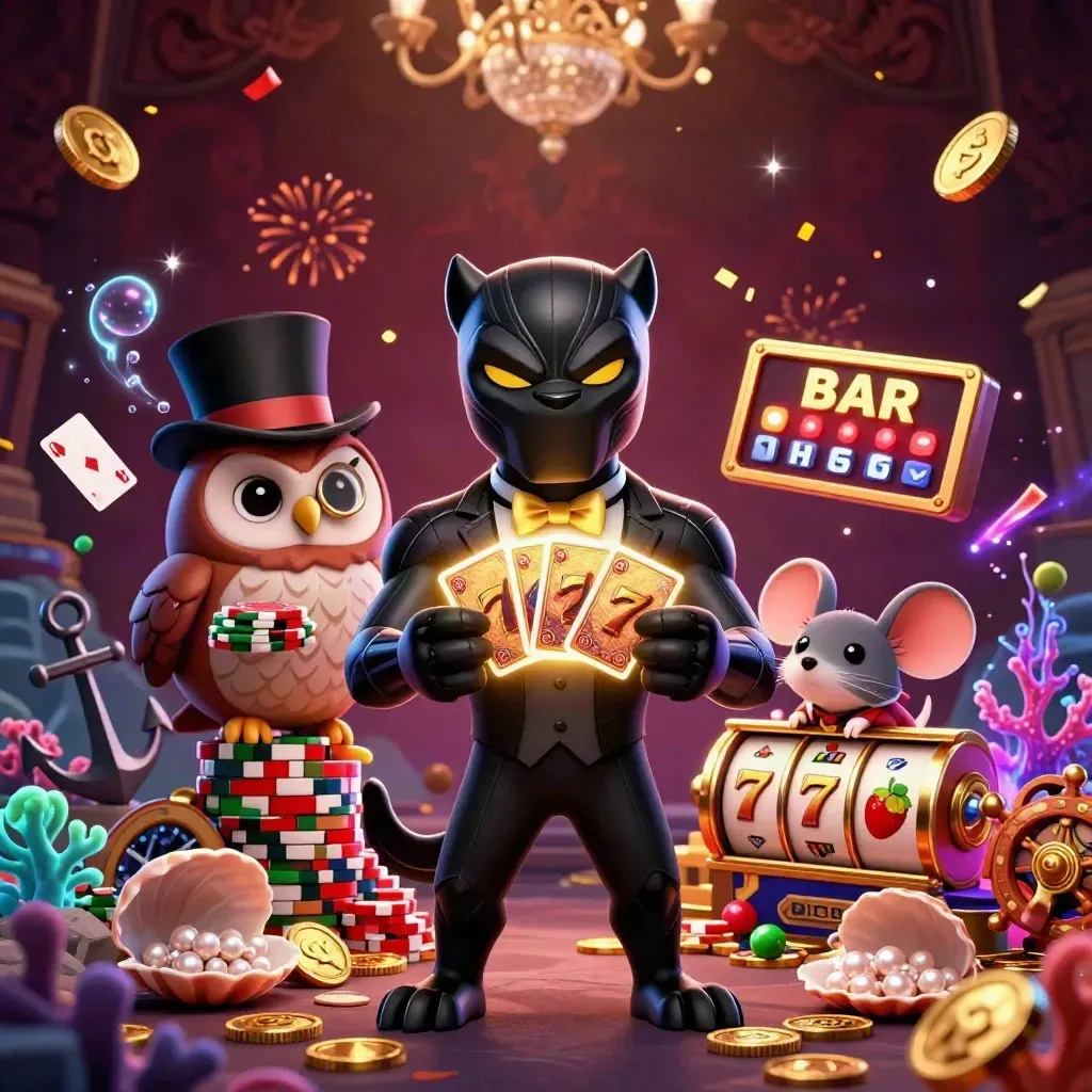 Tuxedo panther, owl, and mouse amid ruby casino treasures and slot symbols.