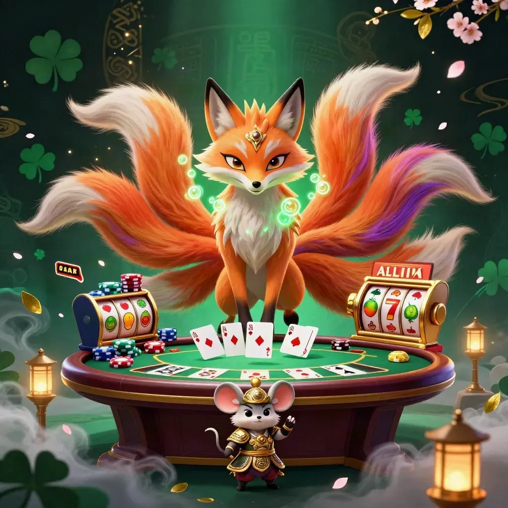 Neon fox spirit and armored mouse amid casino chips, cards, reels, and gold-lit magic.