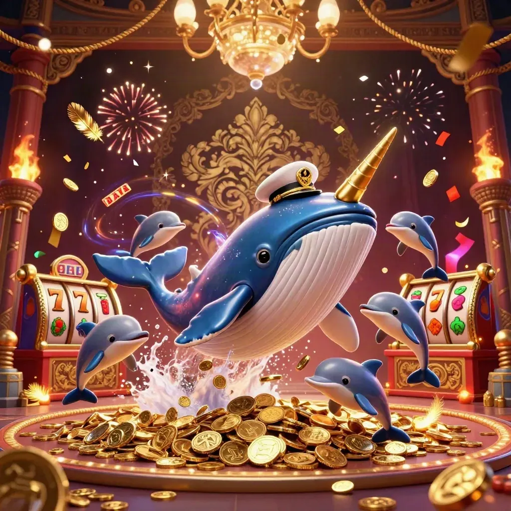 Whale captain, narwhal, and dolphins amid coins, temple gate, fireworks, and casino magic