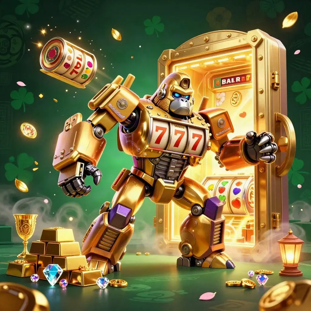 Golden gorilla mech with monkey pilot exploding through a vault, surrounded by casino riches and emerald glow.