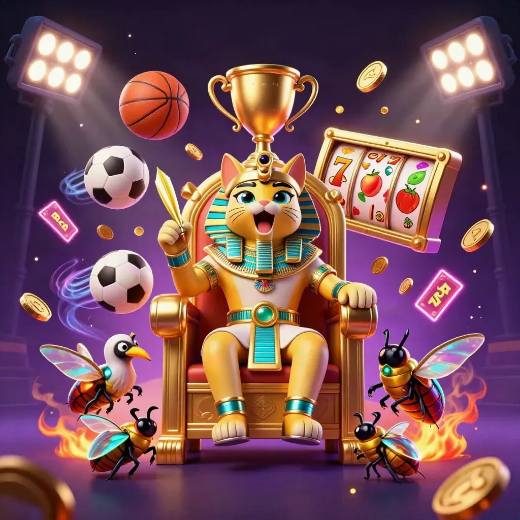 Pharaoh cat throne scene with ibis, scarabs, sports balls, coins and casino glow