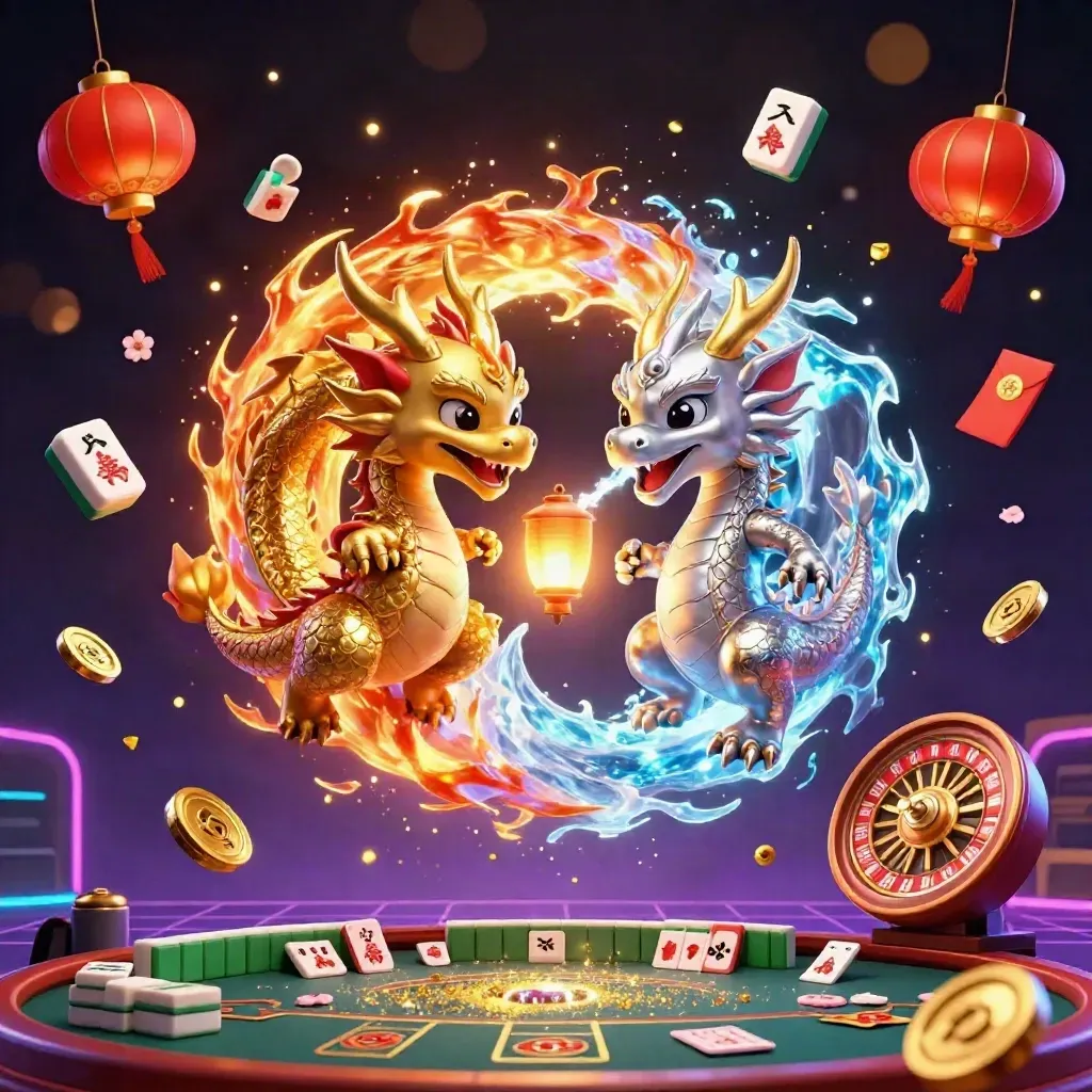 Twin gold and silver dragons spiral with casino treasures in neon glow.