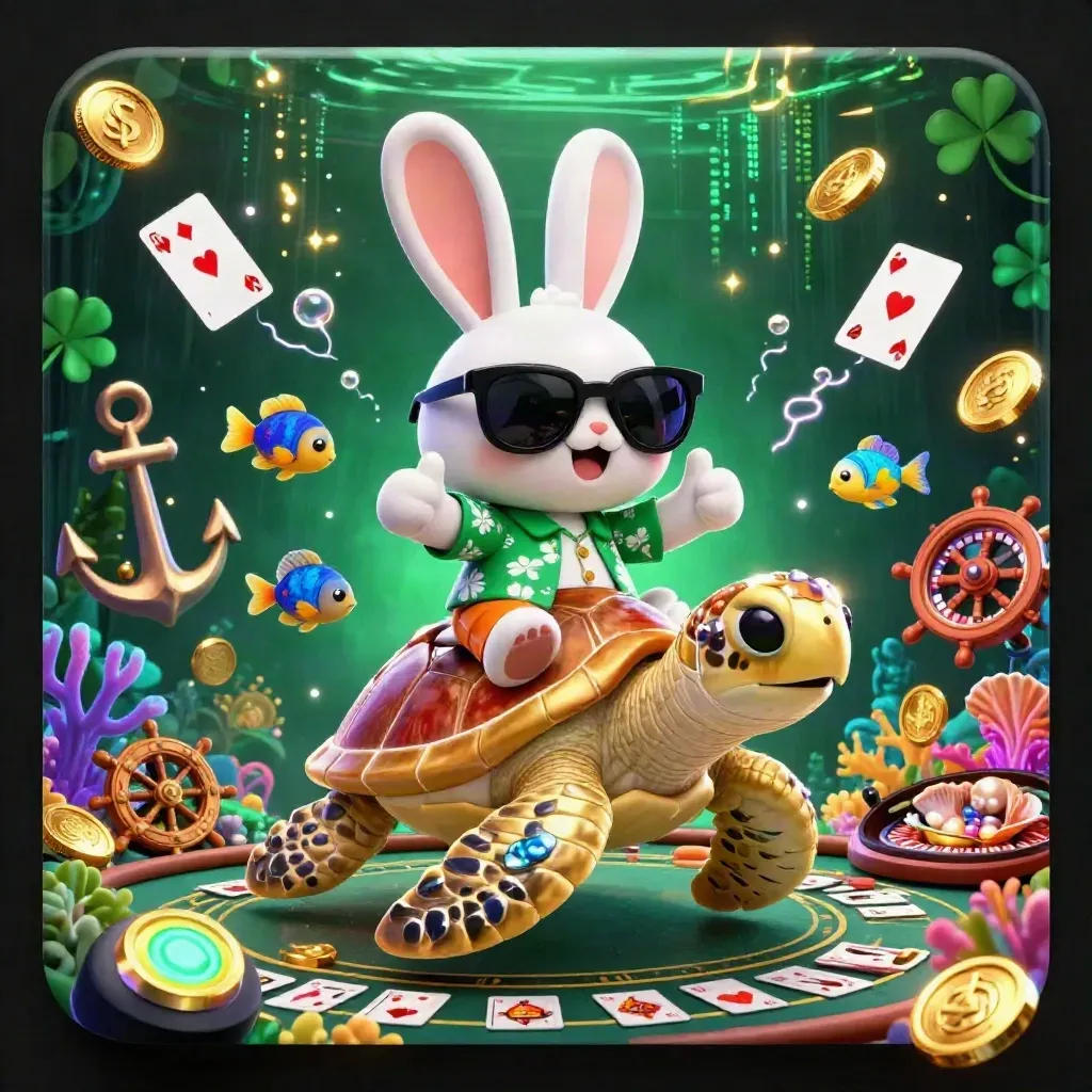 Cartoon rabbit on a golden sea turtle amid casino treasures, coral, cards, and neon water glow.