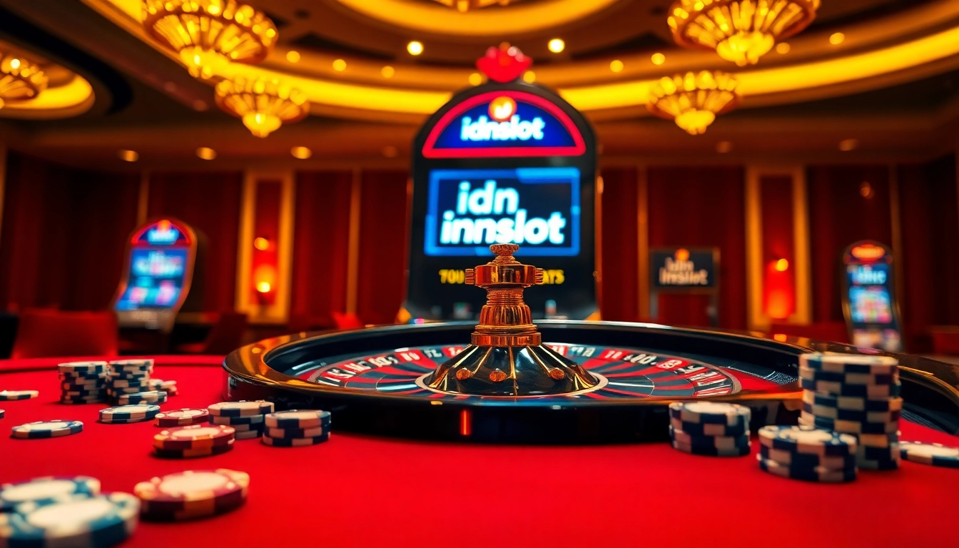 Experience the thrill of idnslot at a luxurious casino with roulette wheels and poker chips.