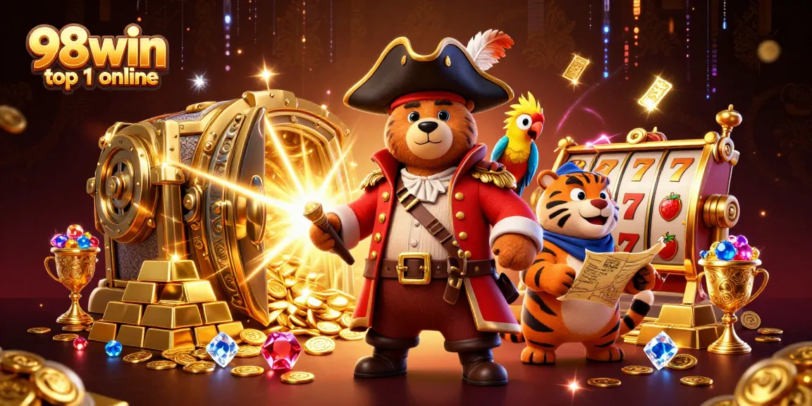 Engage with the thrilling 98win top 1 online casino adventure illustrated in a pirate-themed scene.