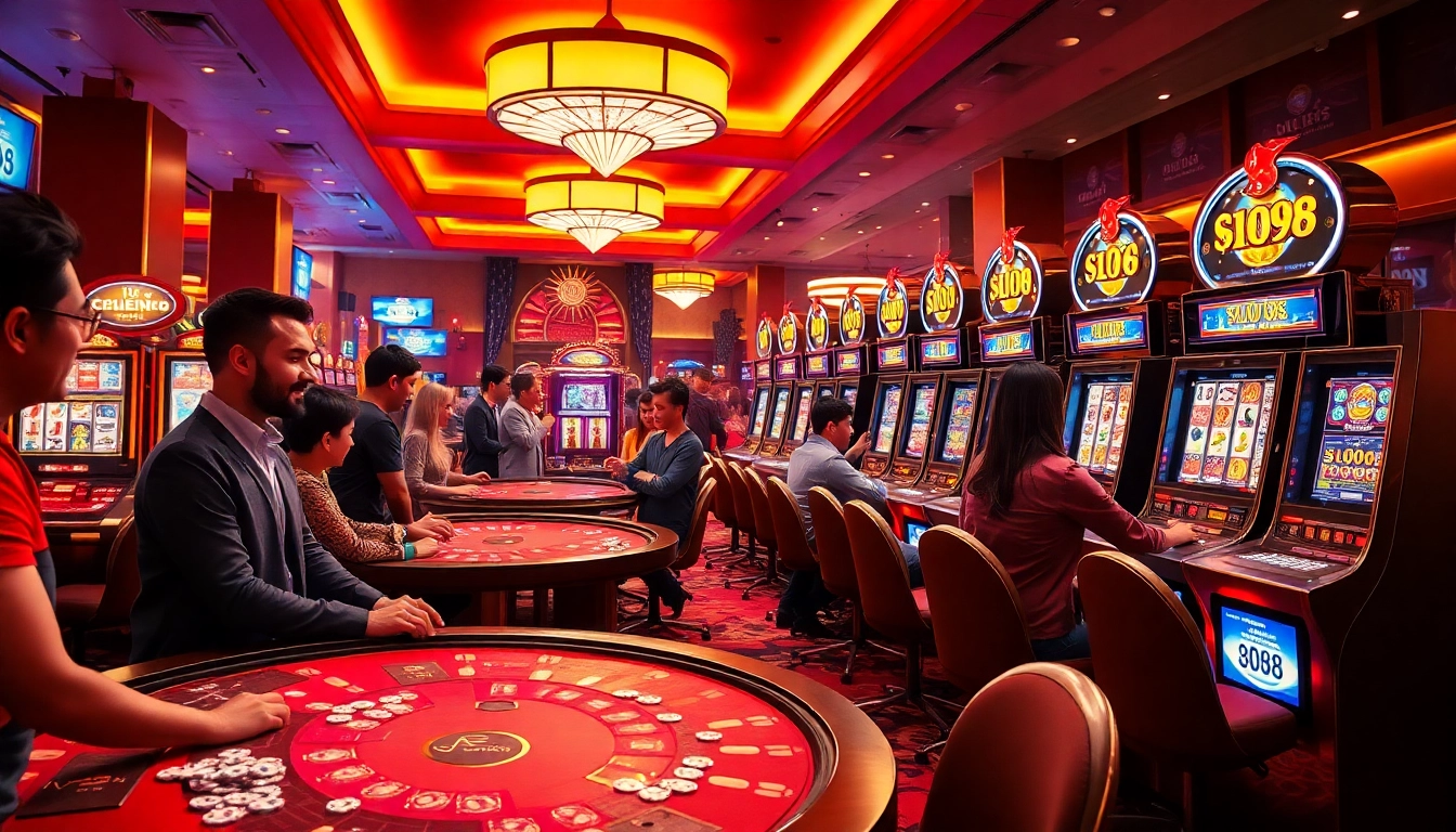 Players enjoying the excitement of slot88 machines in a luxury casino environment, showcasing vibrant wins and gaming action.
