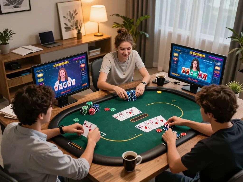 Engaged players strategizing their poker game at AU88 online, showcasing a dynamic and friendly gambling environment.