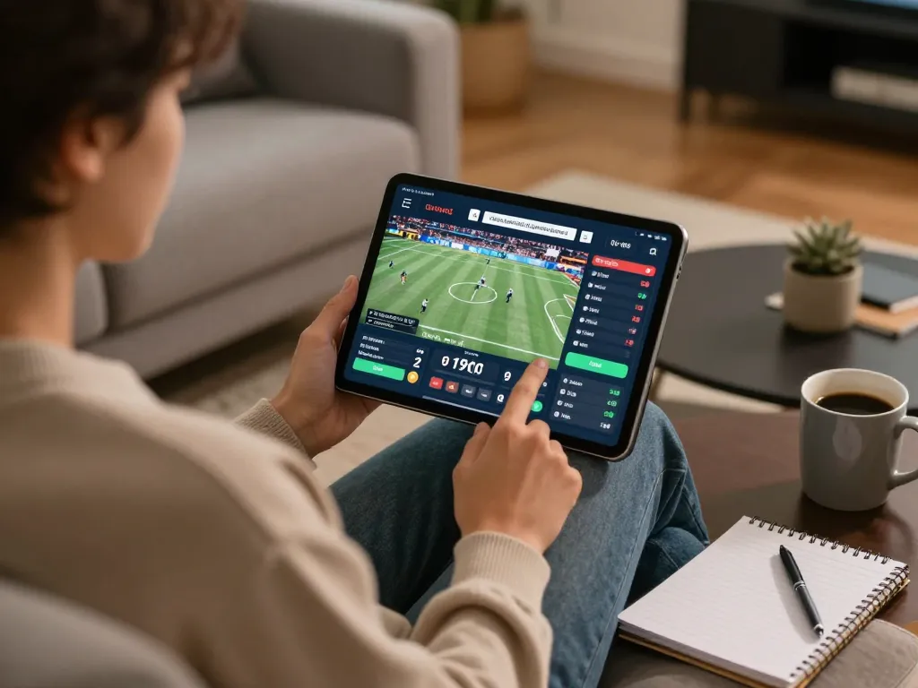 Player engaging in online sports betting at home with net88 app displayed on tablet