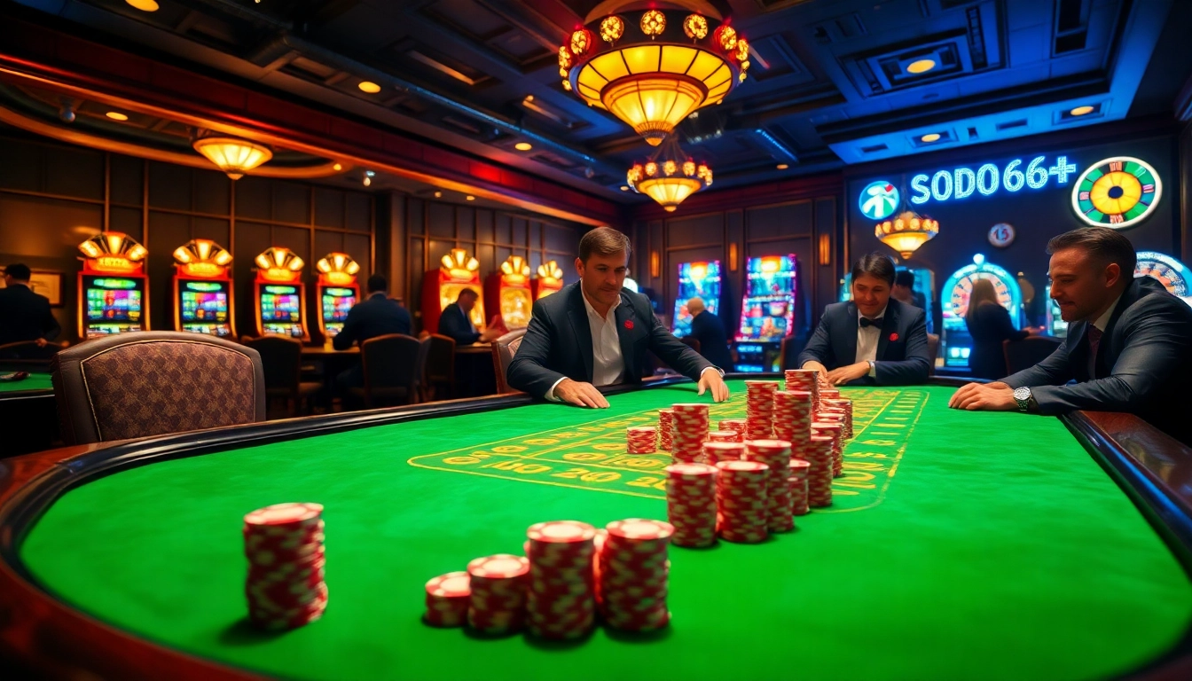 SODO 66 showcases players enjoying poker at a luxurious casino table with vibrant chip stacks.