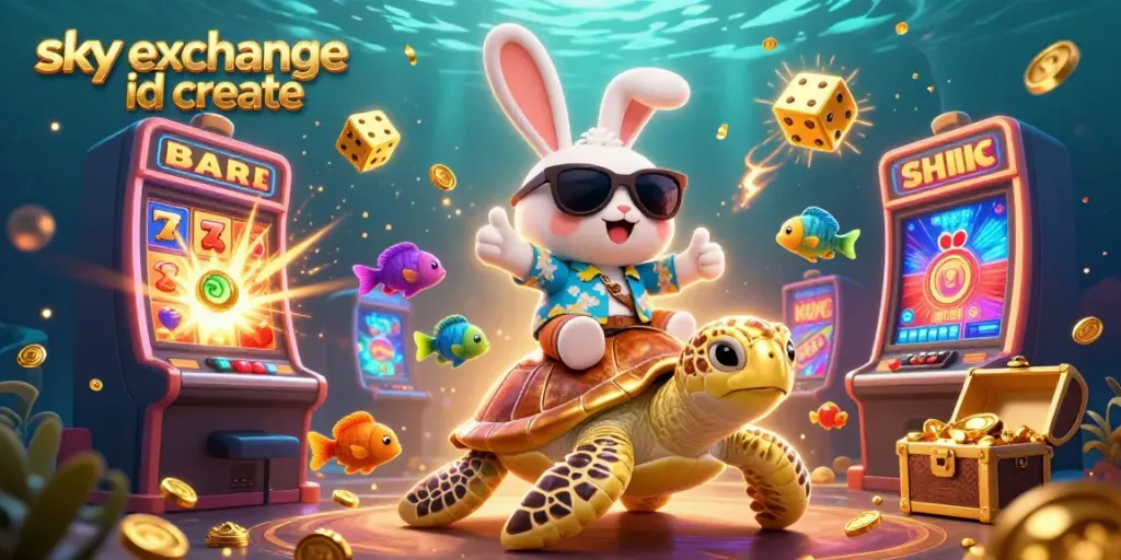 Experience excitement with sky exchange id create as the adorable rabbit and golden turtle celebrate in a casino scene.
