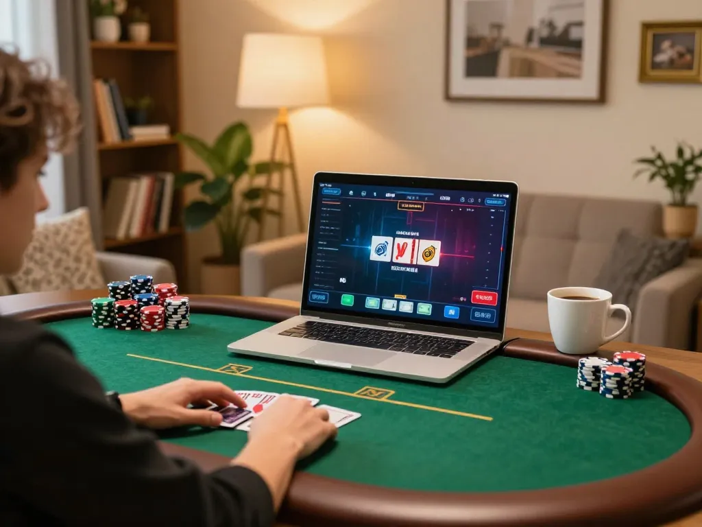 GO8 player strategizing poker game on laptop in elegant home setup.