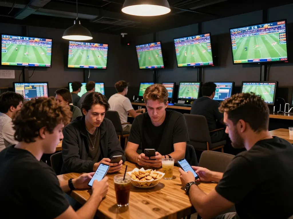 Engaging sports betting scene showcasing sbobet88 login on smartphones among enthusiastic bettors in a lively atmosphere.