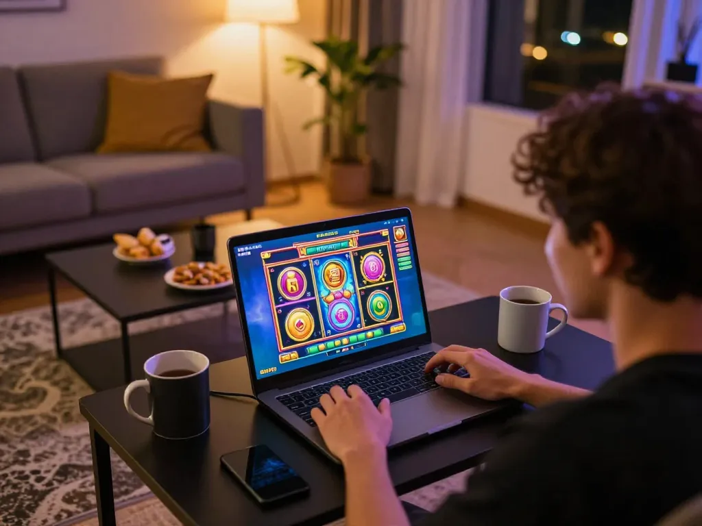 Berinteraksi dengan permainan slot pulsa di laptop dalam suasana rumah yang nyaman