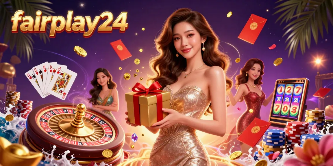 Win big with fairplay24's festive casino scene featuring a glamorous woman and vibrant gaming elements.